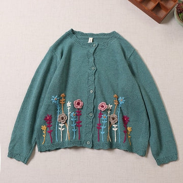 Getadme-Autumn New Sweet Mori Style Embroidery Cardigan Sweater Women Round Neck Long Sleeve Knitted Sweater